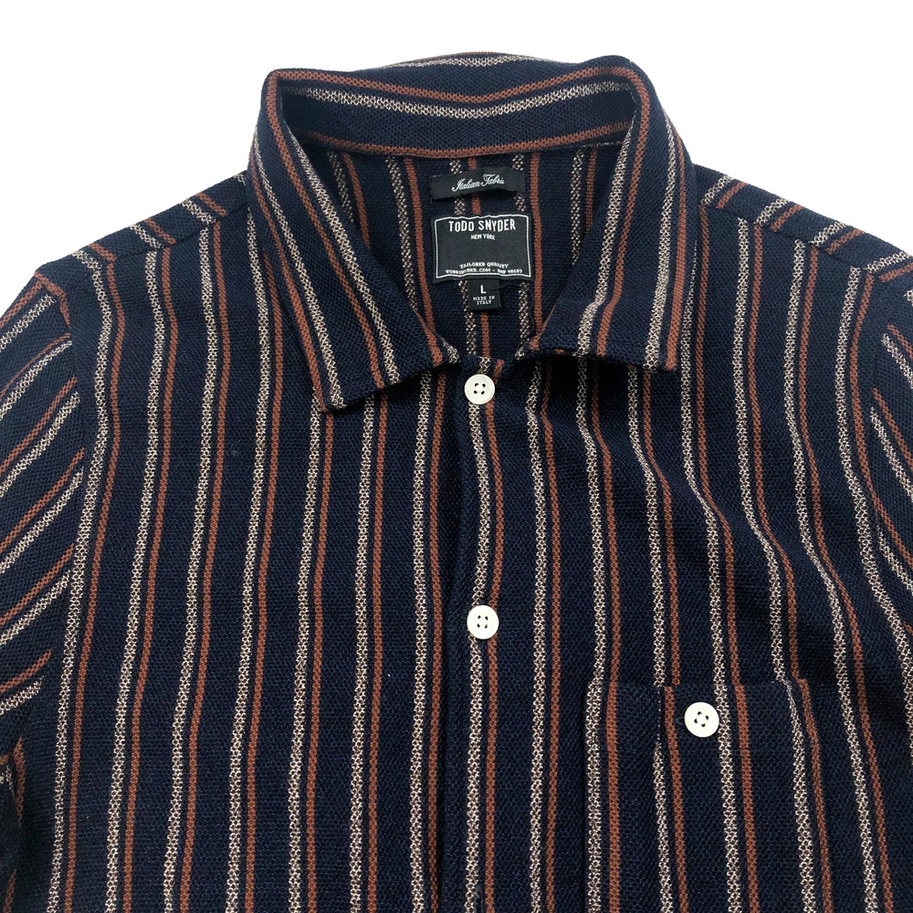 Todd Snyder Navy Striped Casual Button-Down Shirt with Rust & Cream Stripes